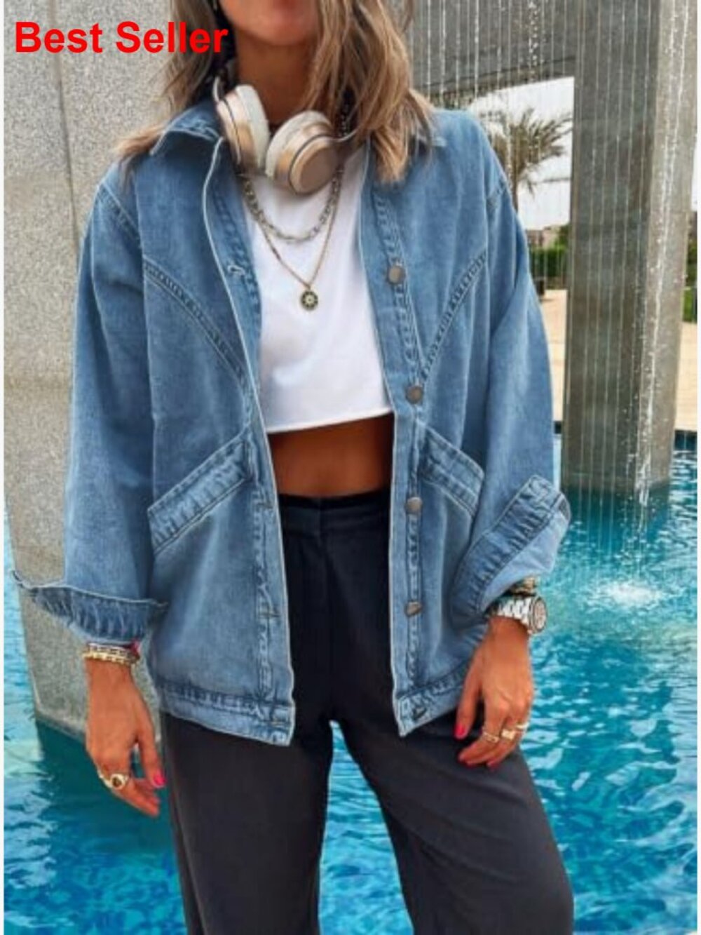 Oversized Distressed Denim Jacket Button Down Long Sleeve Pockets - Picture 3 of 6